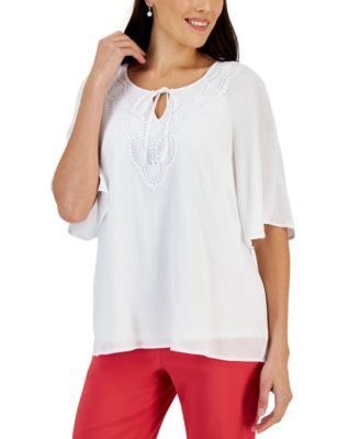 JM Collection - Women's Crochet Flutter-Sleeve Peasant Top