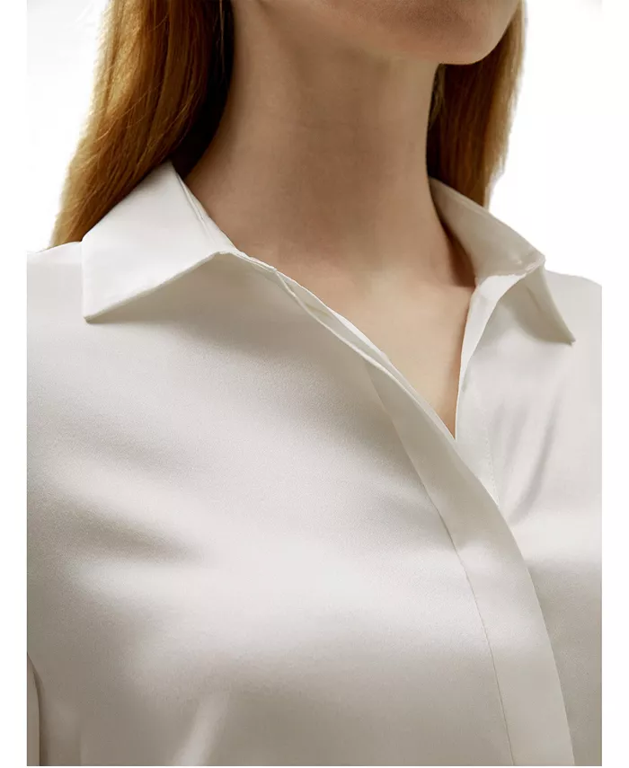 Women's Basic Concealed Placket Regular Fit Silk Shirt - thumbnail 3