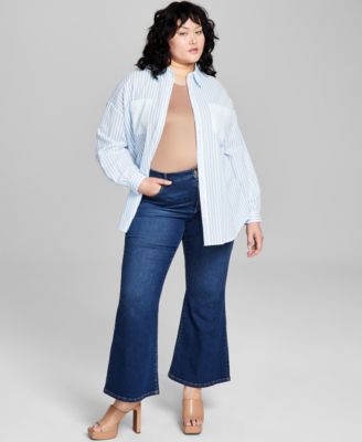 And Now This Now This Plus Size Button Up Shirt Sleeveless High Neck Bodysuit Flare Leg Jeans