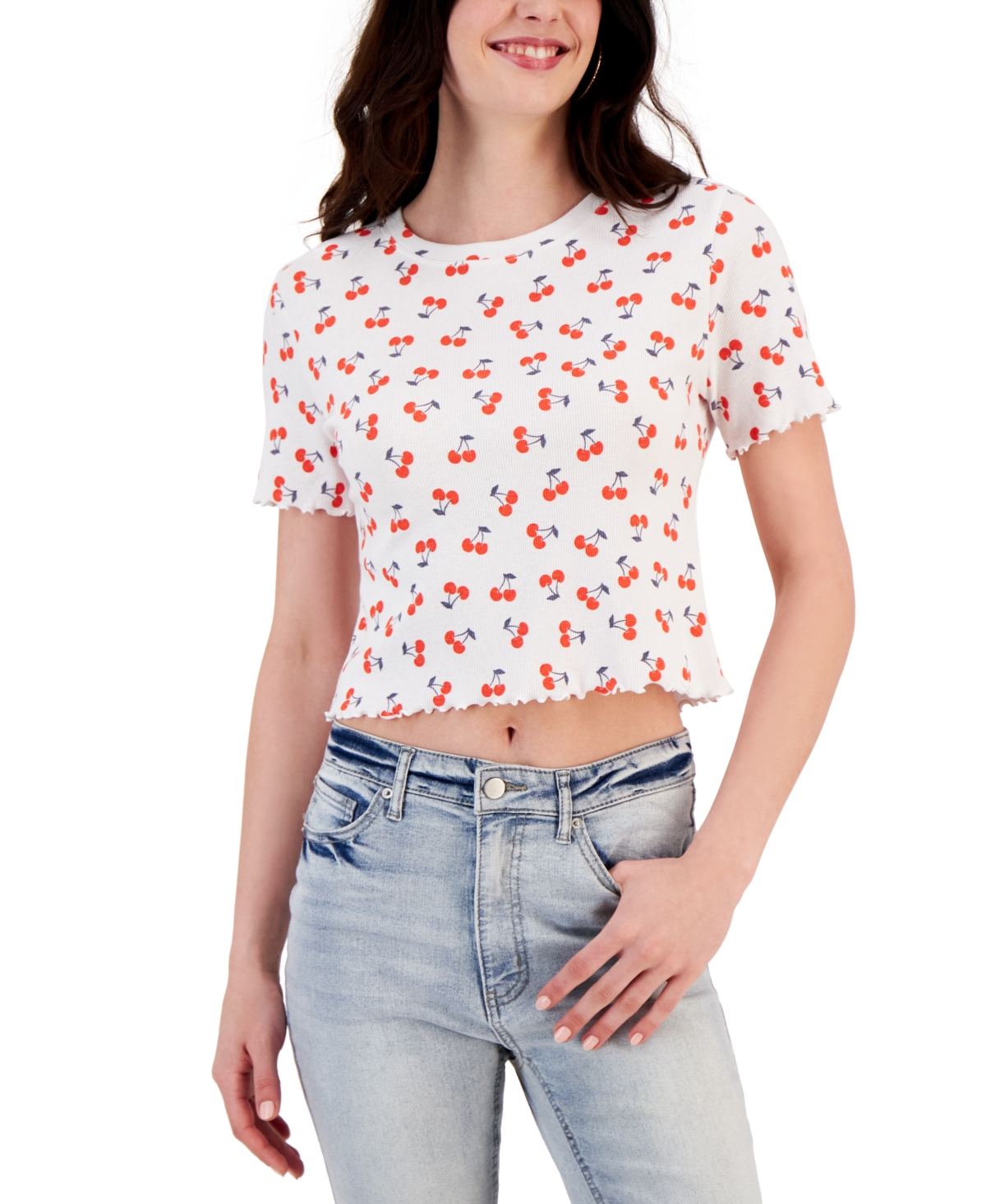 Grayson Threads Black Juniors' Cherry-print Ribbed Lettuce-edge Cropped Top In White