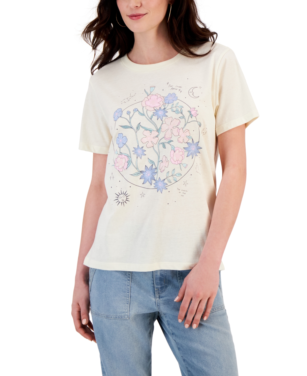 Grayson Threads Black Juniors' Floral-print Short-sleeve Graphic T-shirt In Cream