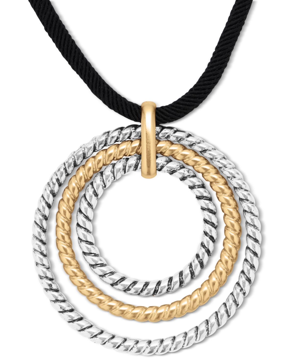 Lucky Brand Two-tone Rope Twist Orbital Black Cord Pendant Necklace, 17" + 3" Extender In Ttone