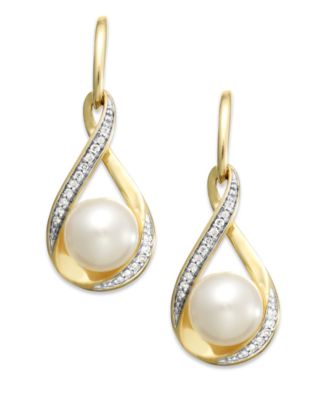 Macy's Cultured Freshwater Pearl (7mm) and Diamond (1/10 ct. t.w.) Drop ...