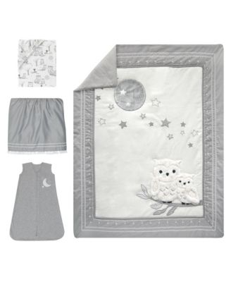 Baby Luna White/Gray Celestial Owl 4-Piece Nursery Crib Bedding Set