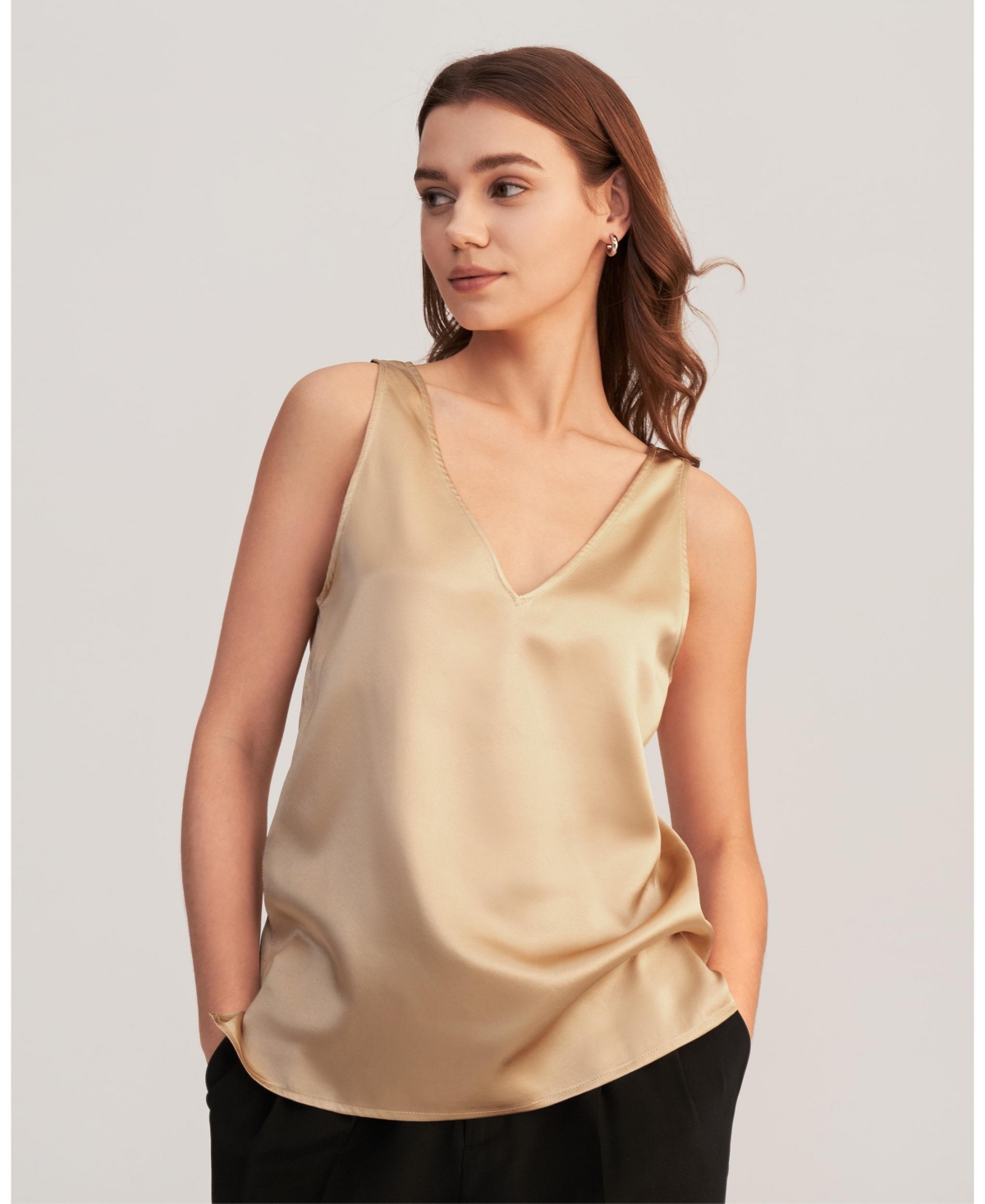 Women's V-Neck Sleeveless Silk Tank Top - Light Camel