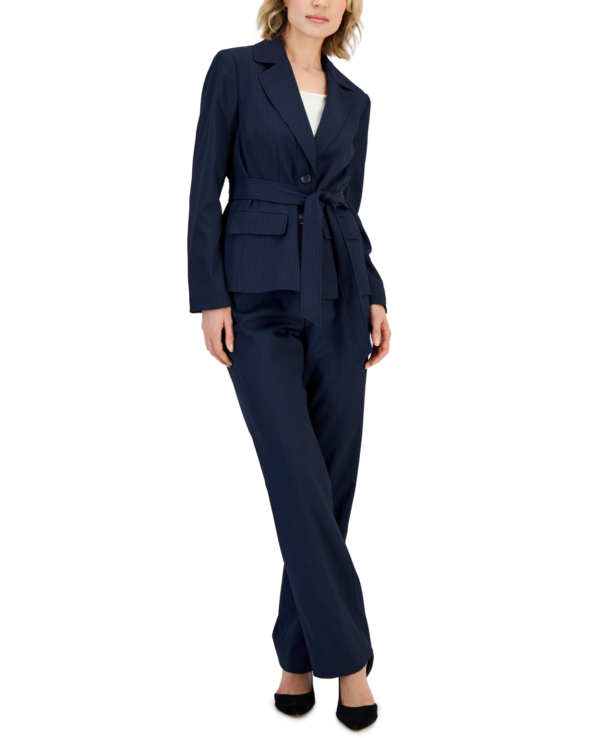 Le Suit Women's Belted Pinstripe Blazer & Pants In Navy
