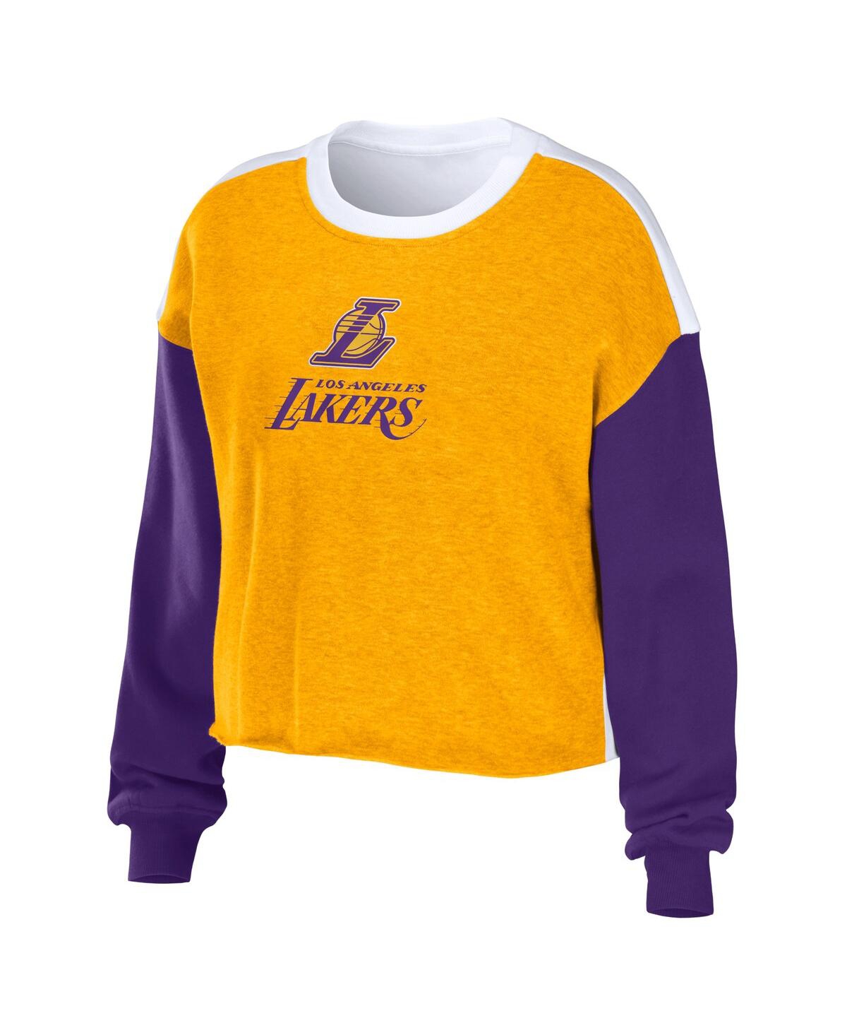 Shop Wear By Erin Andrews Women's  Heather Gold Los Angeles Lakers Mixed Letter Cropped Pullover Sweatshir