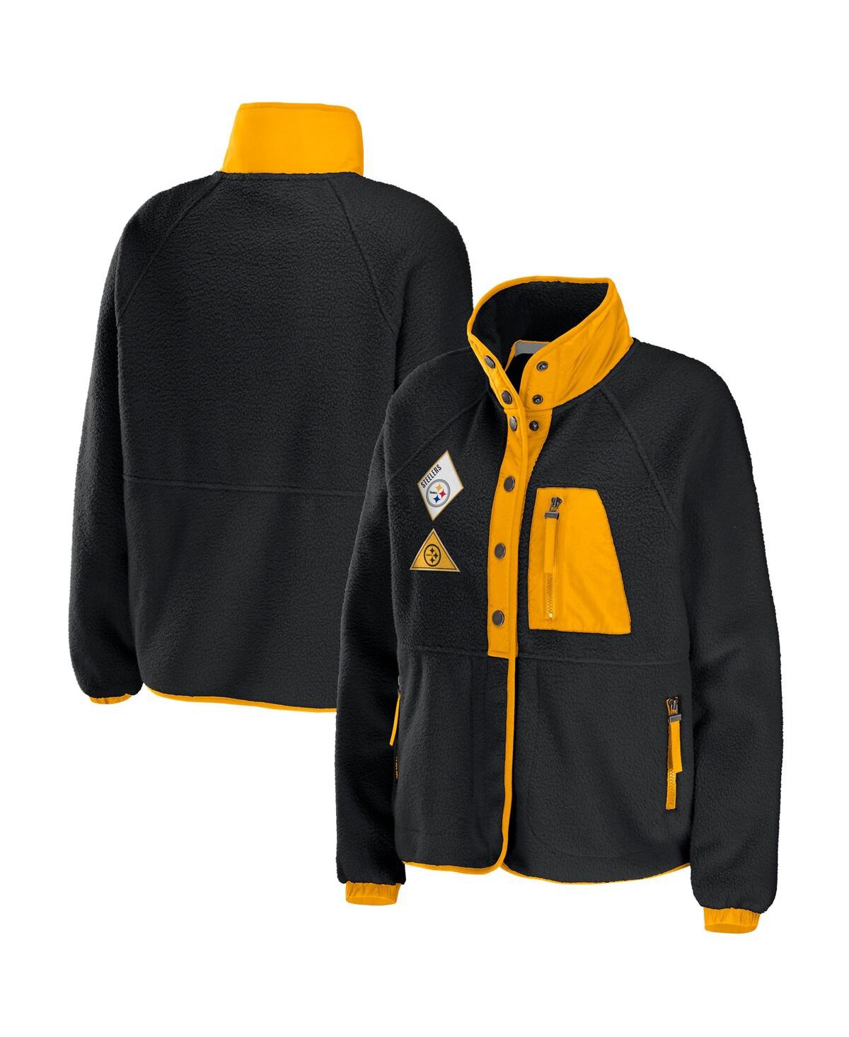 Wear By Erin Andrews Black Pittsburgh Steelers Polar Fleece Raglan Full-snap Jacket In Black