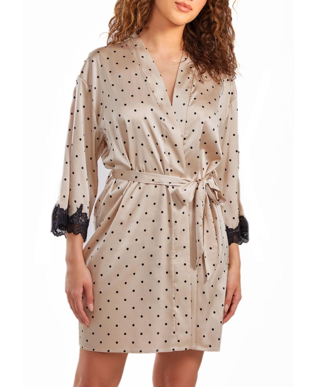 Icollection Kareen Plus Size Dotted Satin Robe With Lace Trimmed Sleeves And Self Tie Sash In Beige