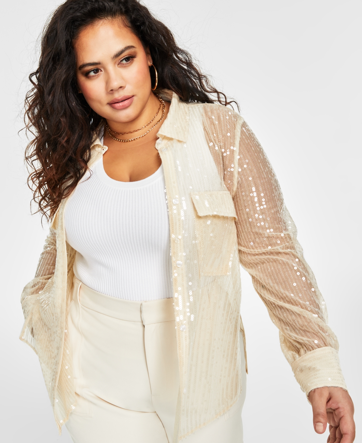 Nina Parker Trendy Plus Size Sequin Sheer-sleeve Shirt In Wheat