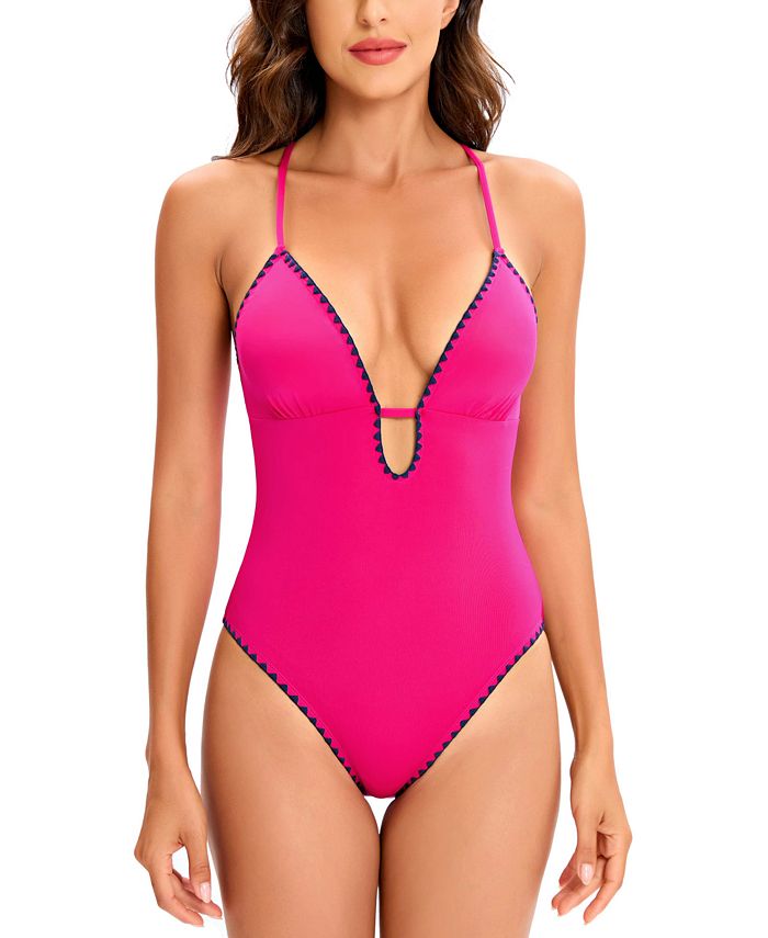 Lucky Brand Women's Stitch-Trimmed Plunging One-Piece Swimsuit