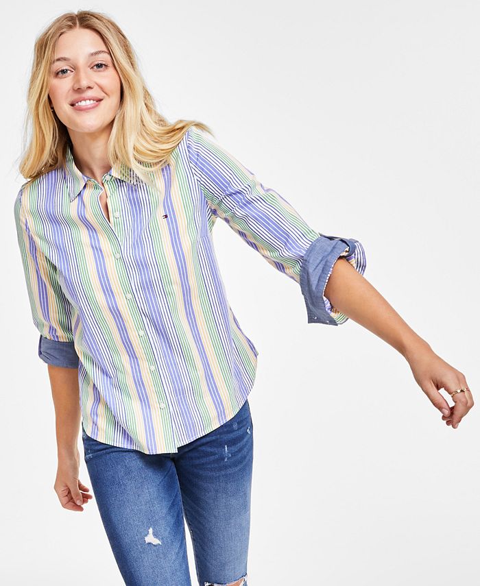 Tommy Hilfiger Women\'s Striped Roll-Tab Button-Up Shirt - Macy\'s