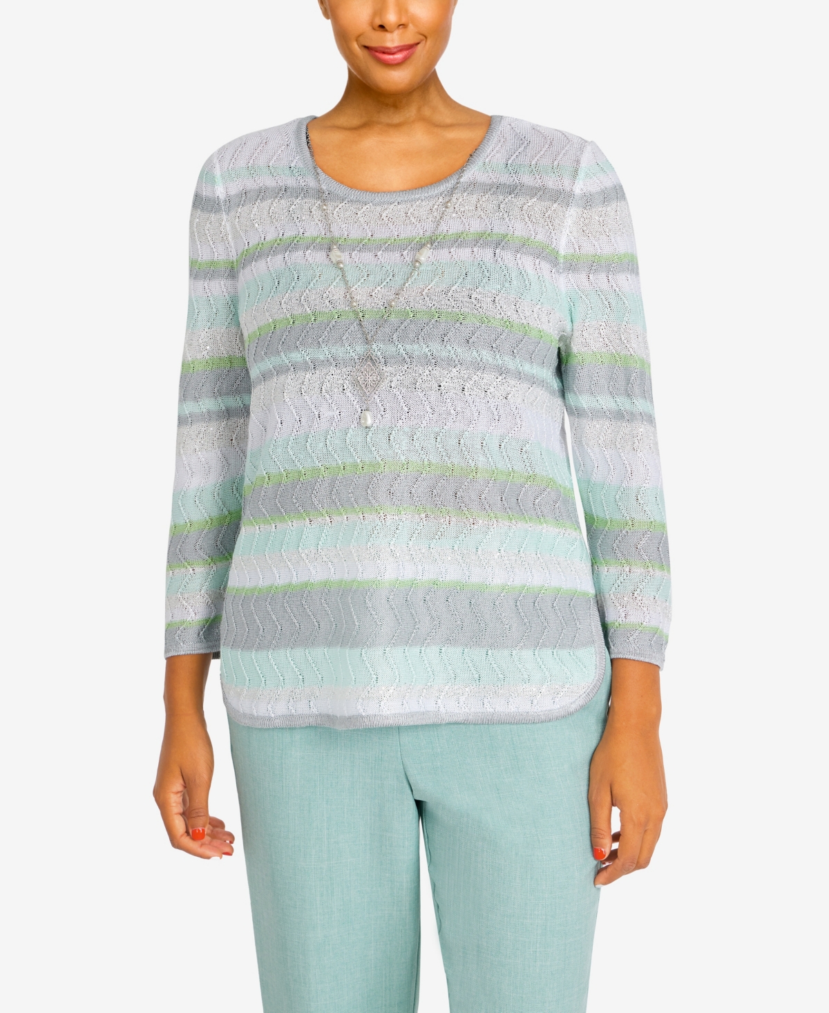 Alfred Dunner Petite Lady Like Crew Neck Sweater In Seafoam