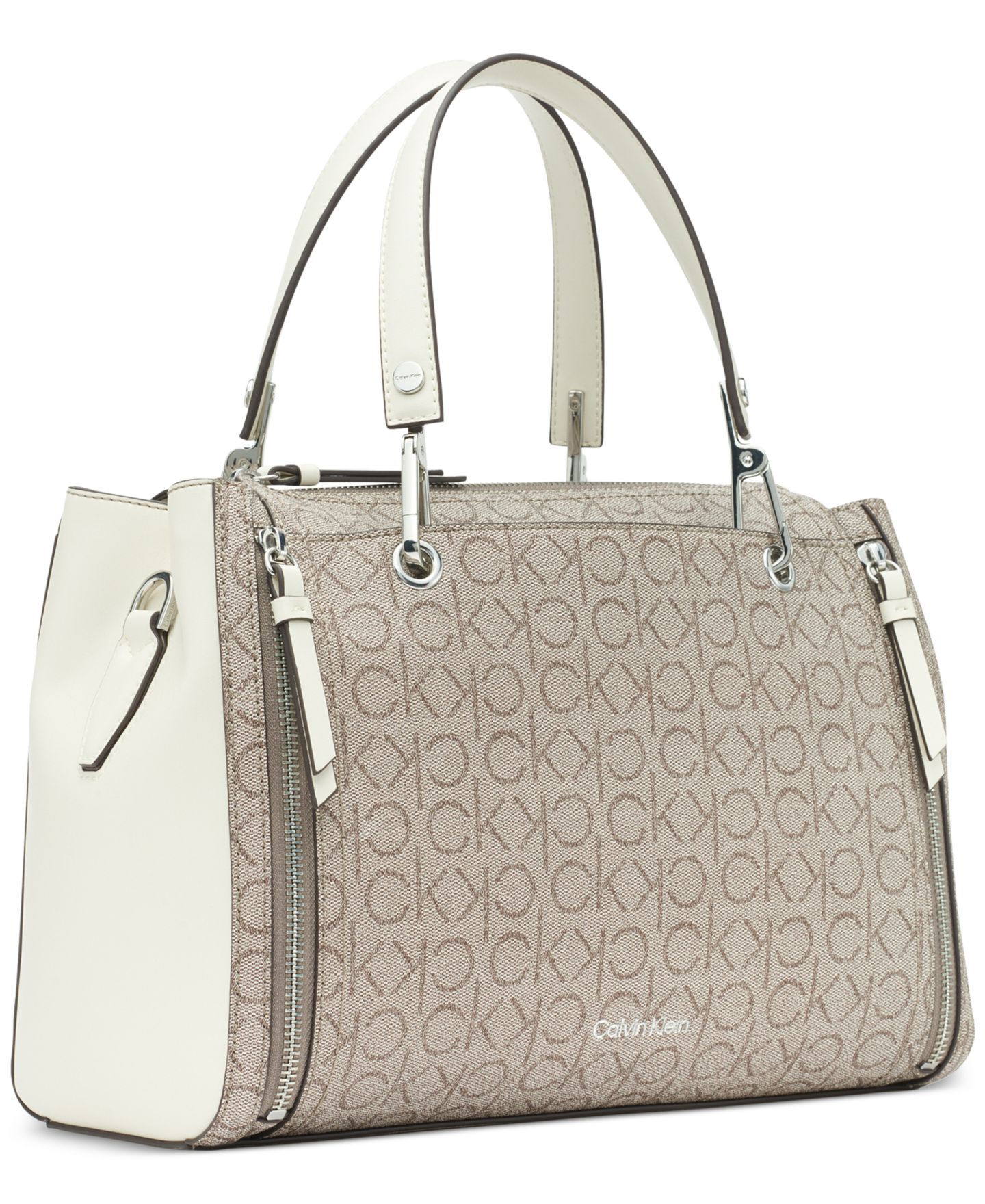 Женская сумка Calvin Klein Garnet Signature Triple Compartment Top Zipper Satchel, цвет: Миндальный / Белый — фото 3