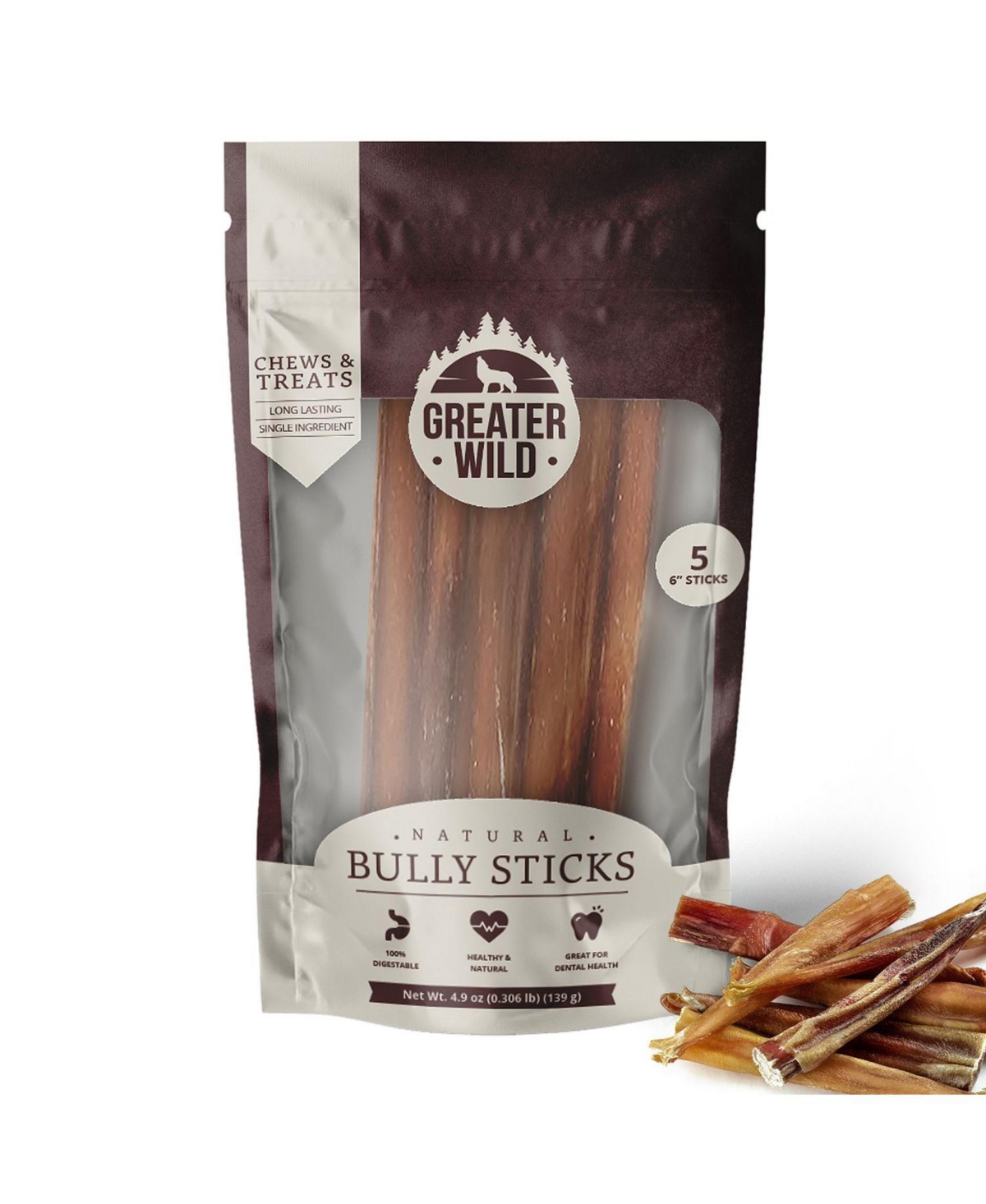 6" Single-Ingredient Beef Bully Sticks, All-Natural Dog Treats - 5 Sticks - Brown