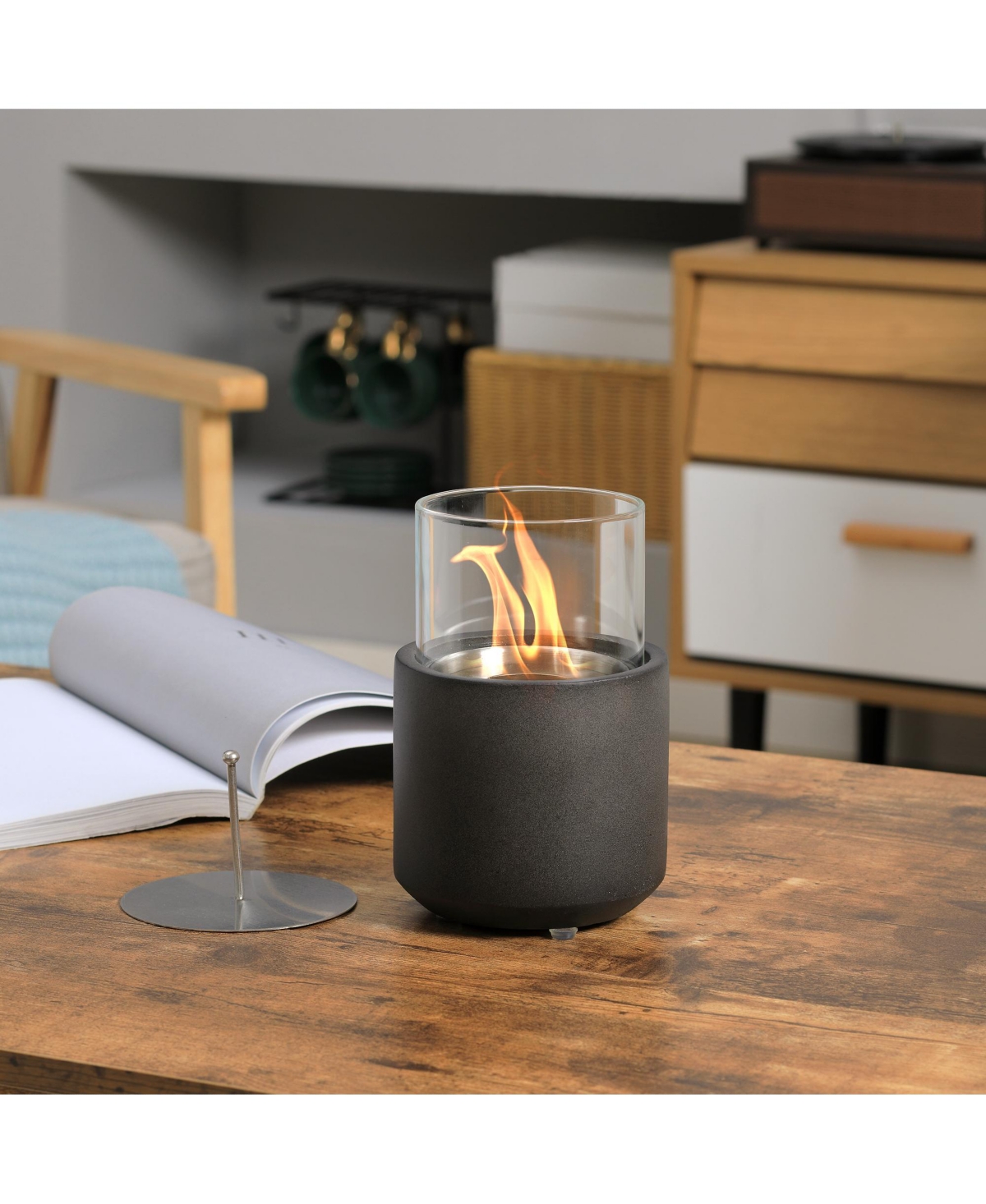 Tabletop Fireplace, Mini Concrete Ethanol Fire Bowl Lid Dark- Grey