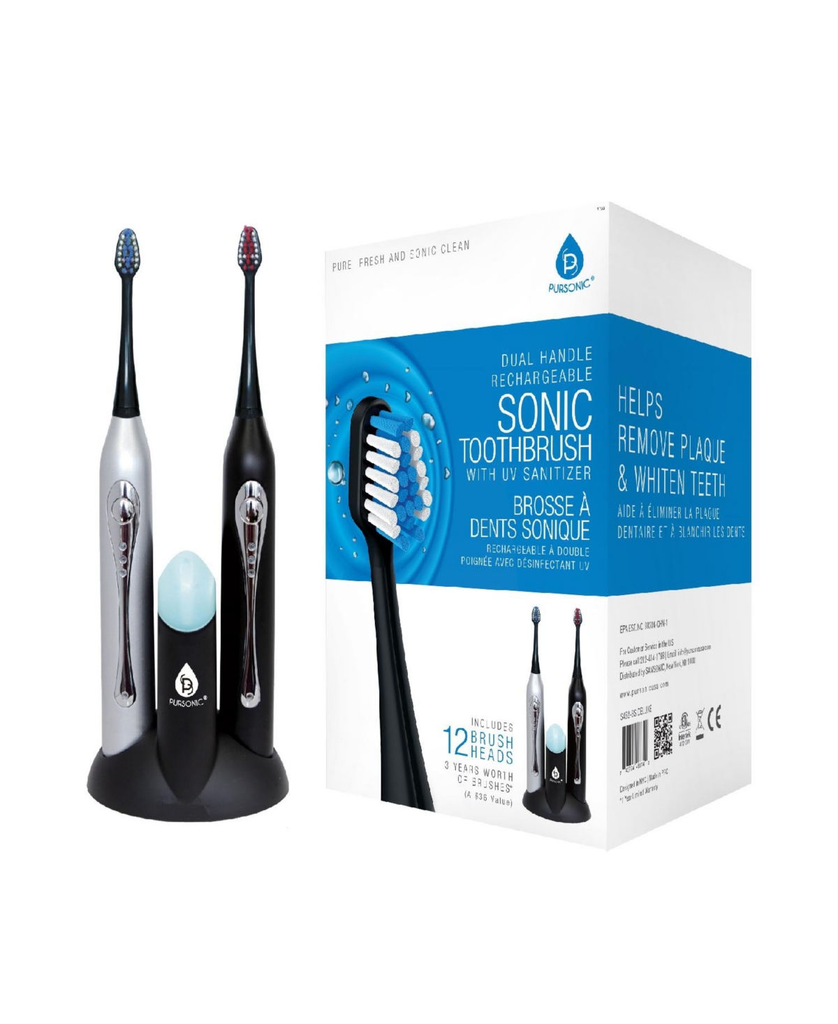Pursonic Dual Handle Sonic Toothbrush With Uv Sanitizer In Silver