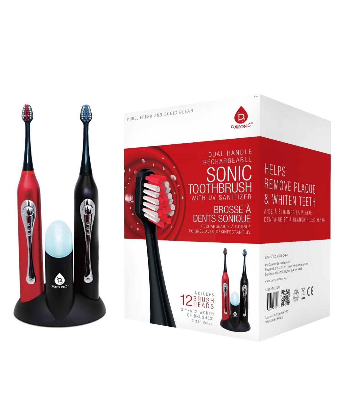 Pursonic Dual Handle Sonic Toothbrush With Uv Sanitizer In Red