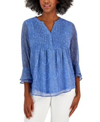 Charter Club Women's Printed Bell Sleeve Top Blue Size Small