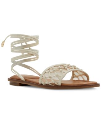 Mtzyoa Women's Braided Flat Sandals - Square Toe, Quilted, Slip-On Summer Shoes, Cream Color, Size 7.5