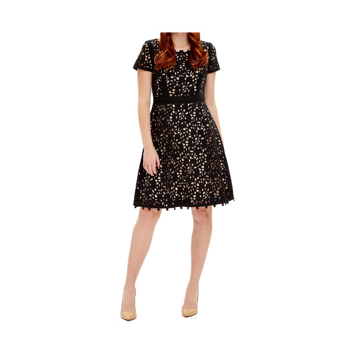 Focus By Shani Laser Cut Fit And Flare Women Dress In Black Nude