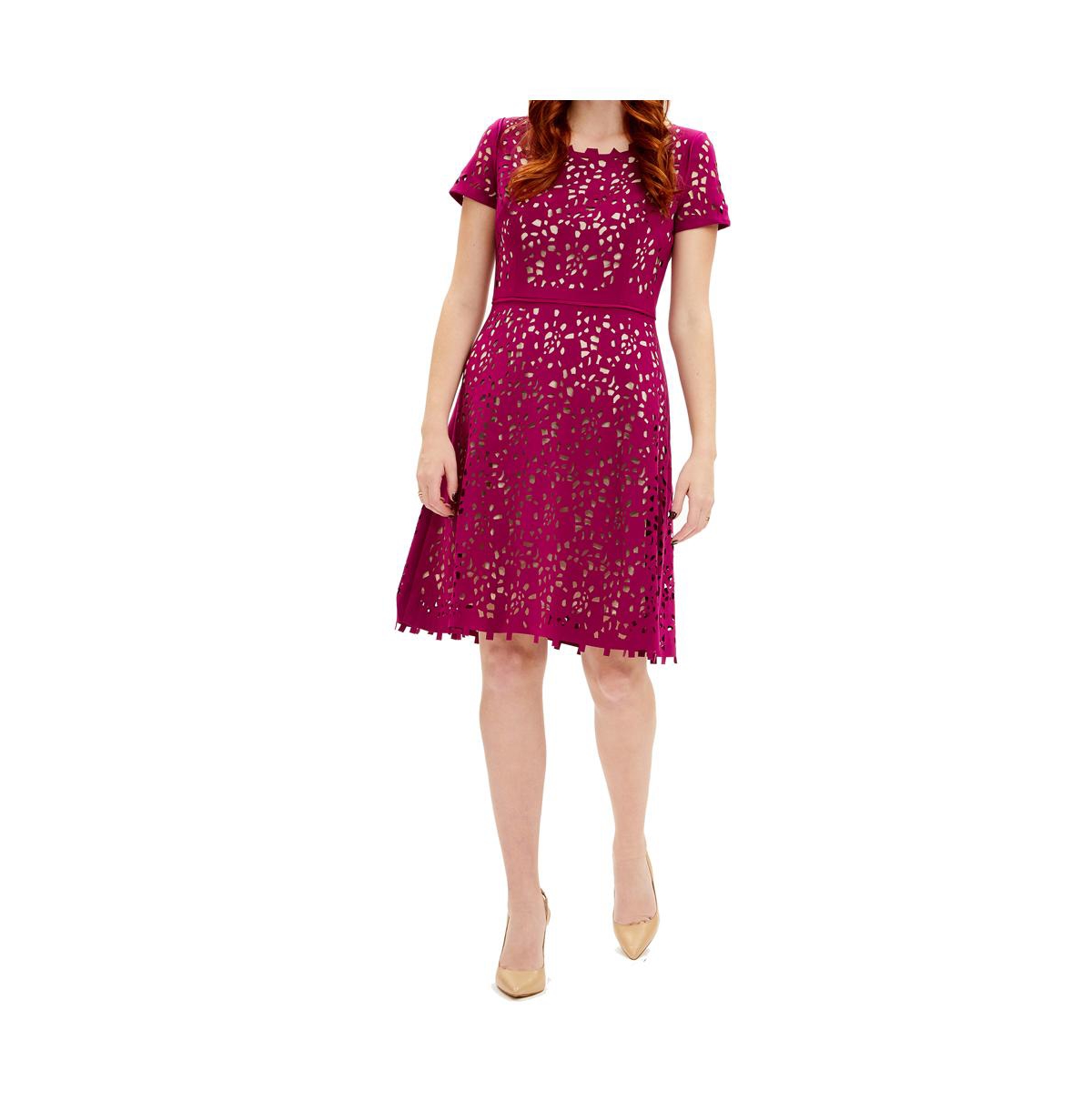 Focus By Shani Laser Cut Fit And Flare Women Dress In Berry/nude