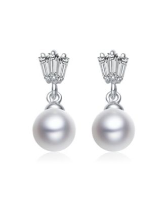 GV Sterling Silver White Gold Plated White Round Freshwater Pearl with Clear Baguette Cubic Zirconia Drop Earrings