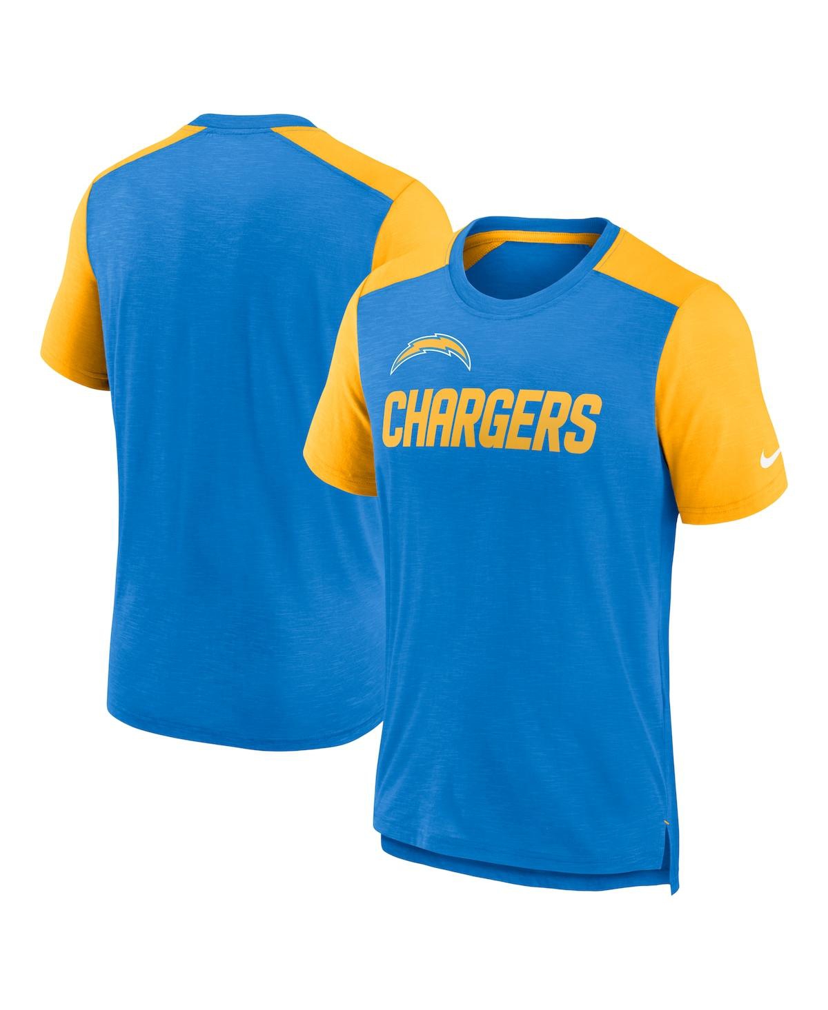 Shop Nike Men's  Heathered Powder Blue, Heathered Gold Los Angeles Chargers Color Block Team Name T-shirt In Powder Blue,heathered Gold