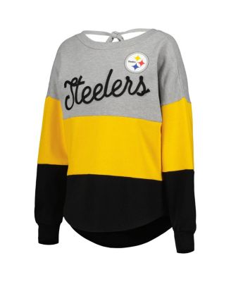 Women's Heathered Gray, Black Pittsburgh Steelers Outfield Deep V-Back Pullover Sweatshirt
