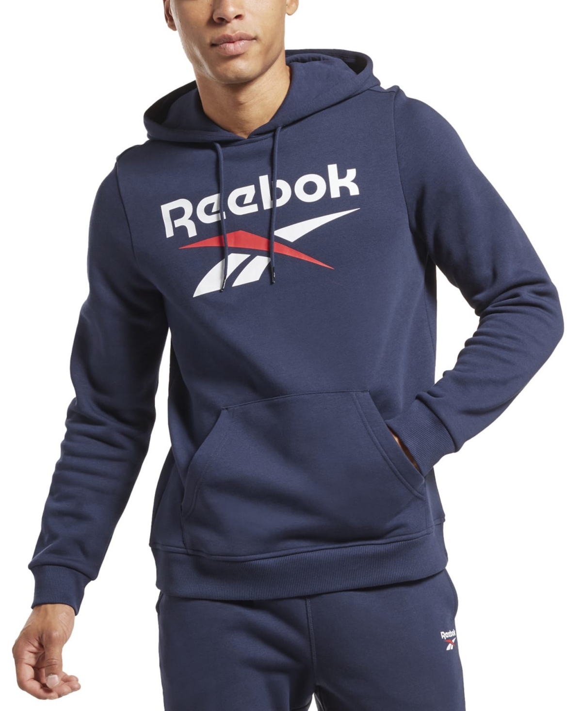 Reebok Men's Identity Classic-fit Stacked Logo-print Fleece Hoodie In Navy,white,red