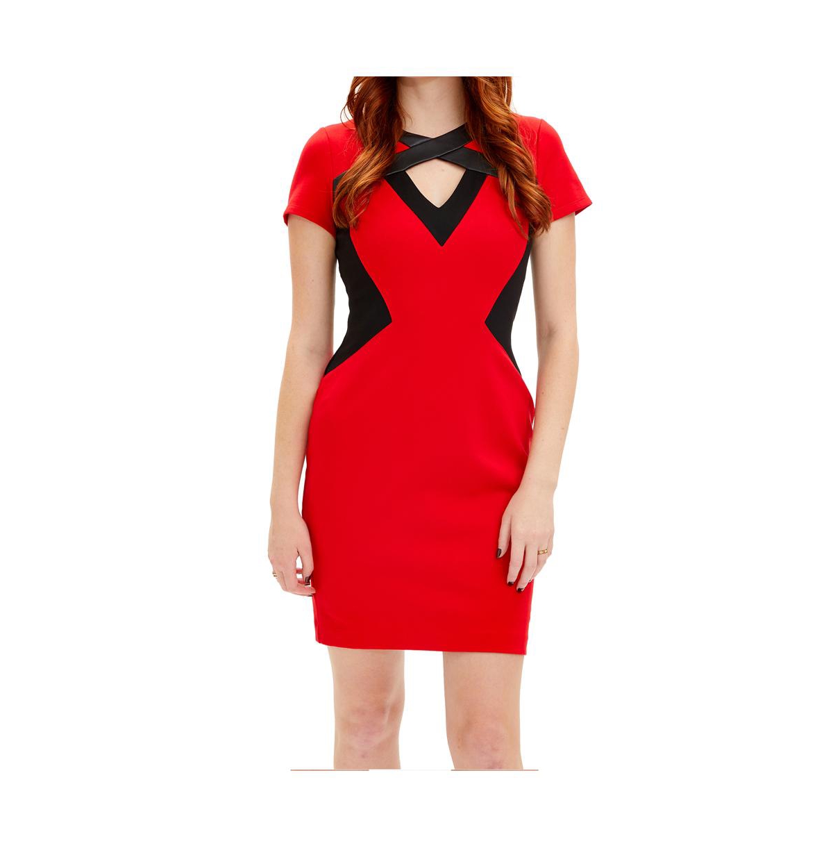 Focus By Shani Ponte Knit Women Dress With Keyhole In Red