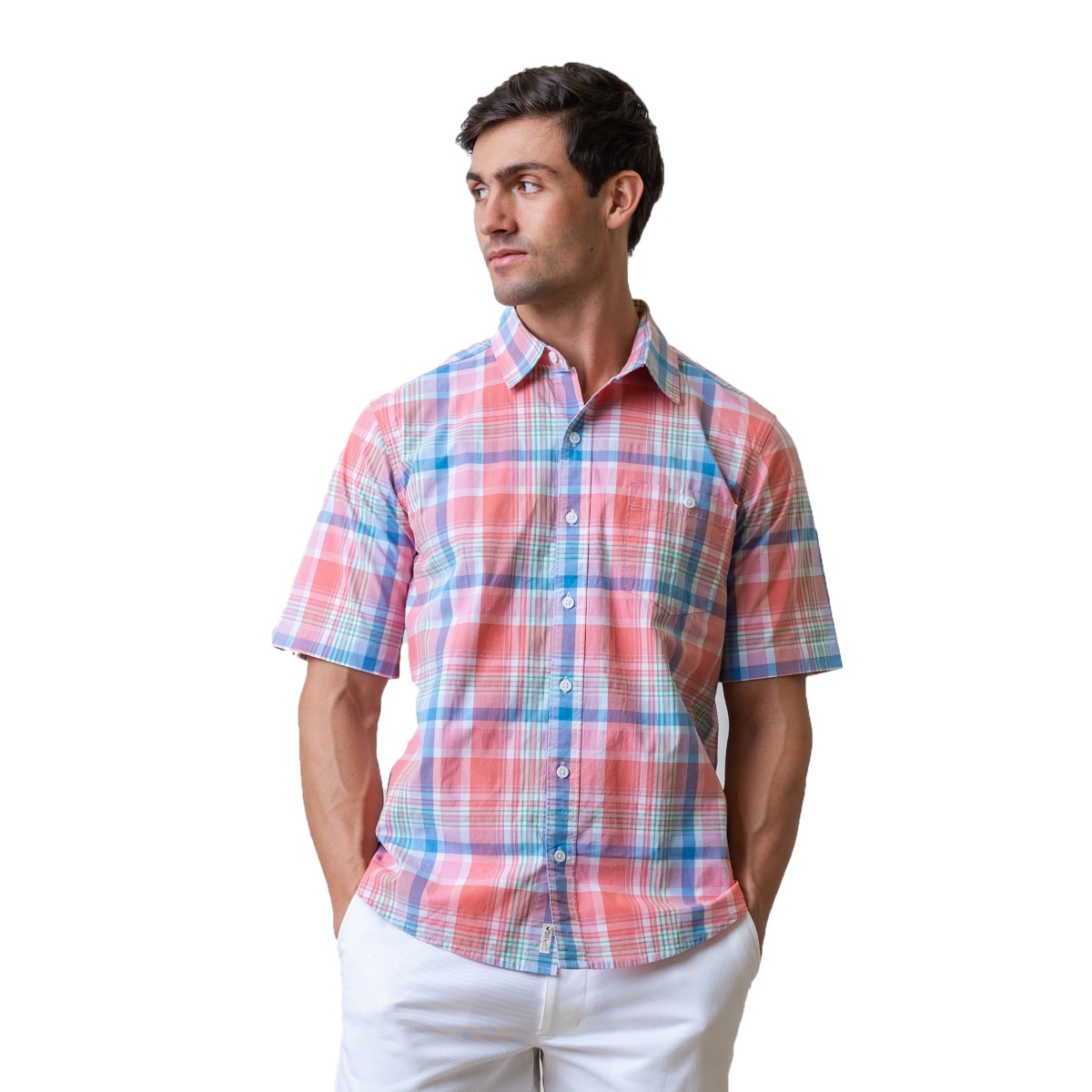 Mens' Organic Cotton Short Sleeve Poplin Button Down Shirt - Bright Spring Plaid Poplin