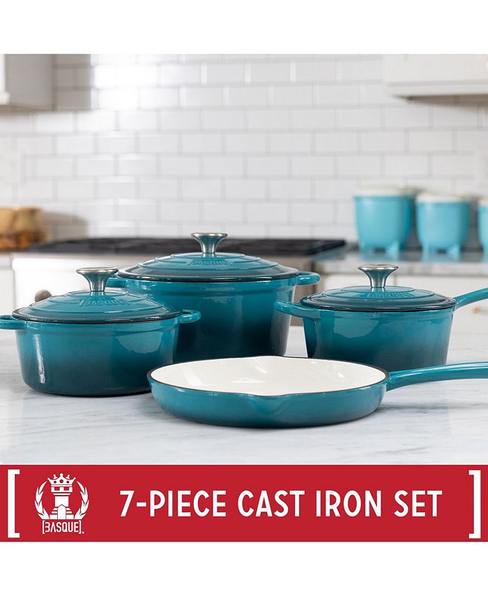 Basque Enameled Cast Iron Cookware Set, 7Piece Set (Biscay Blue