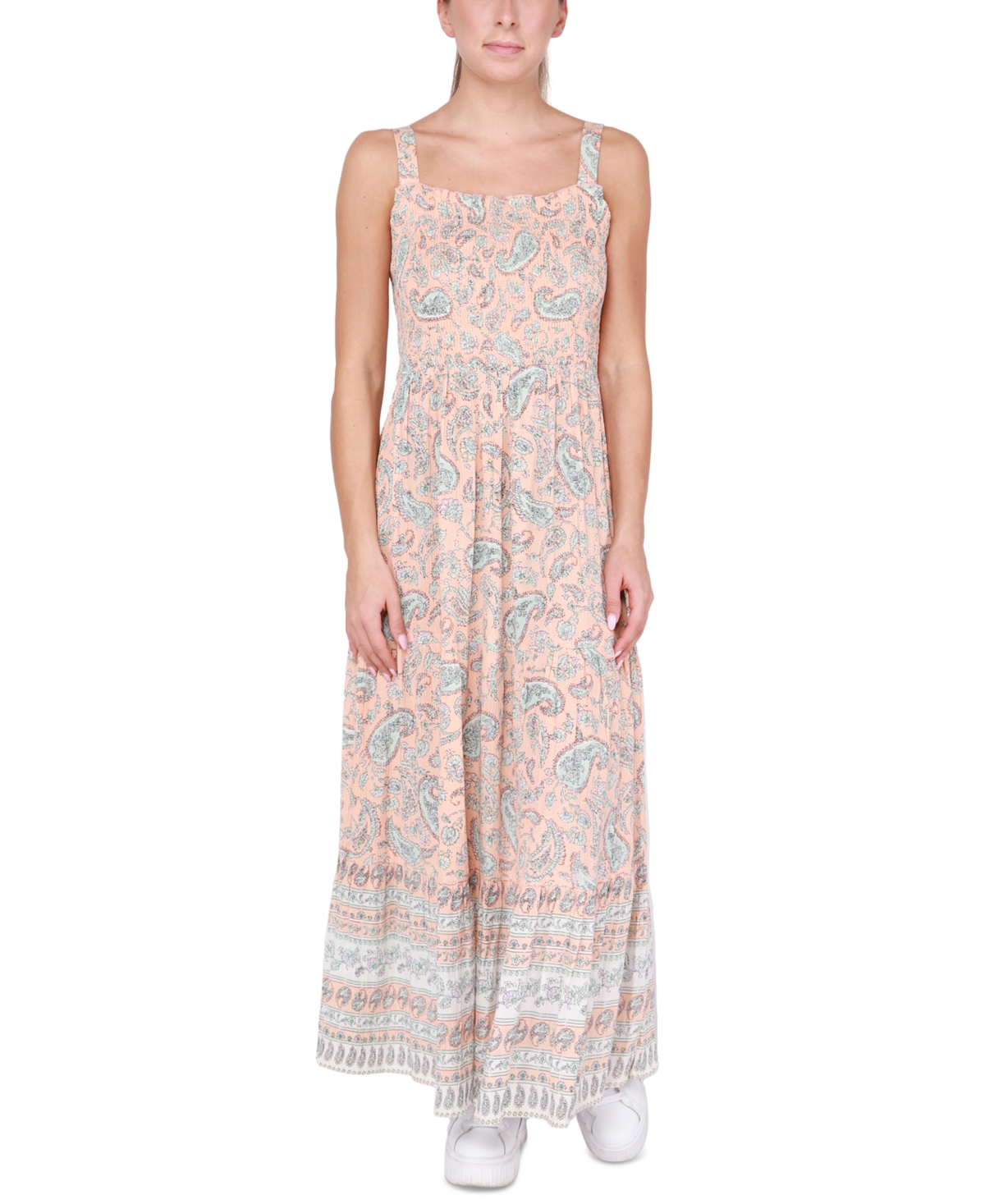 Black Tape Women's Sleeveless Smocked-Detail Tiered Maxi Dress
