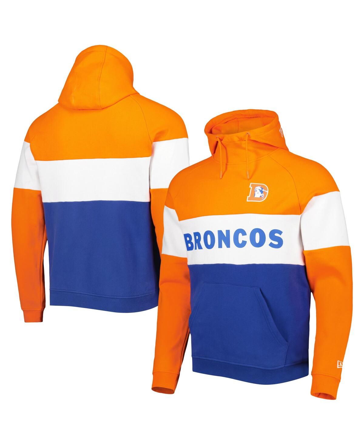 NEW ERA MEN'S NEW ERA ROYAL, ORANGE DENVER BRONCOS COLORBLOCK THROWBACK PULLOVER HOODIE 