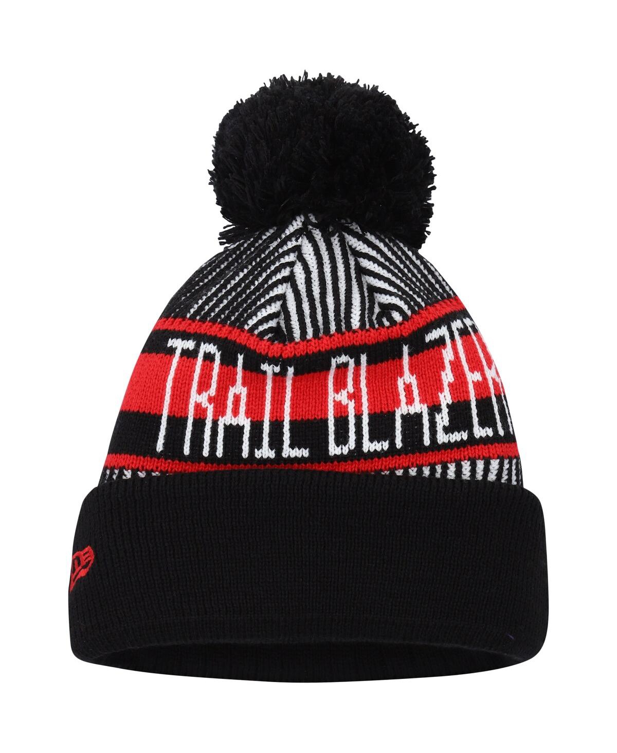 Shop New Era Big Boys  Black Portland Trail Blazers Stripe Cuffed Knit Hat With Pom