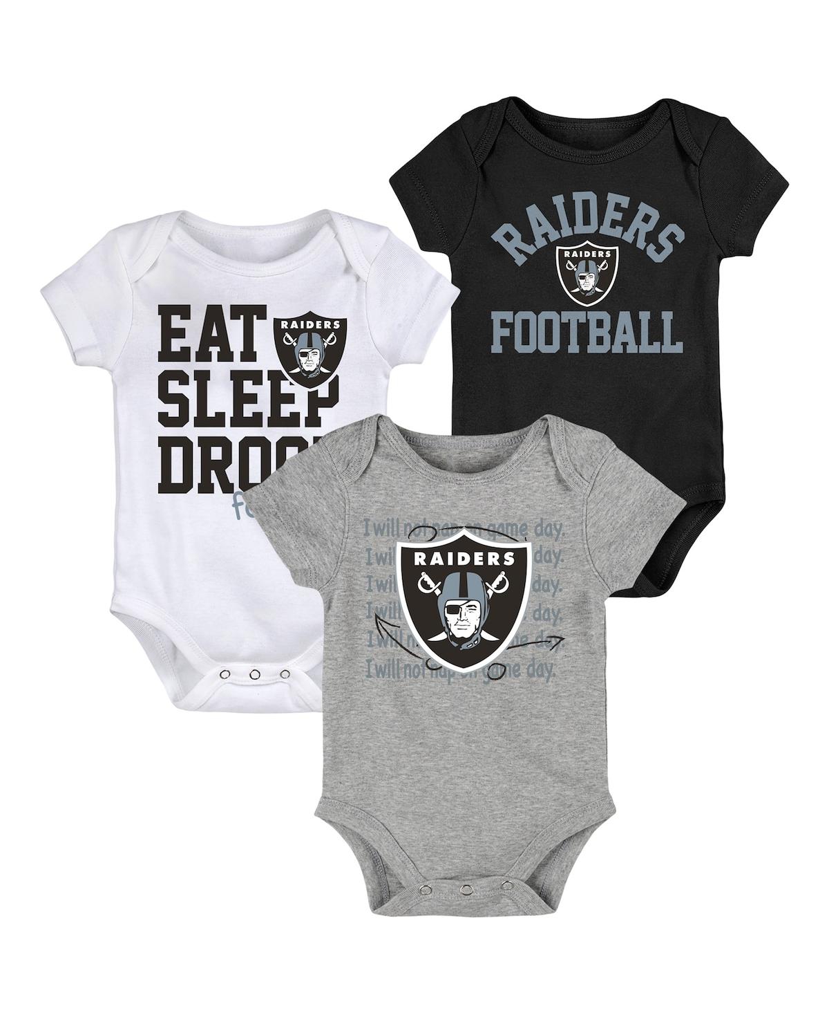 Shop Outerstuff Newborn And Infant Boys And Girls Black, Gray Las Vegas Raiders Eat Sleep Drool Football Three-piece In Black,gray