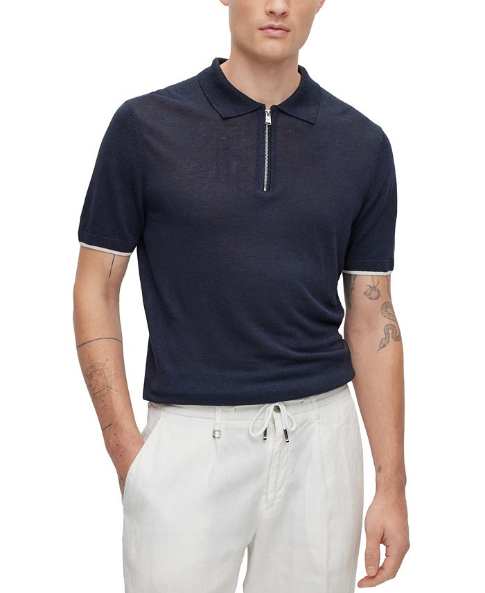 Hugo Boss Men's Linen-Blend Polo Sweater with Zip Placket - Macy's