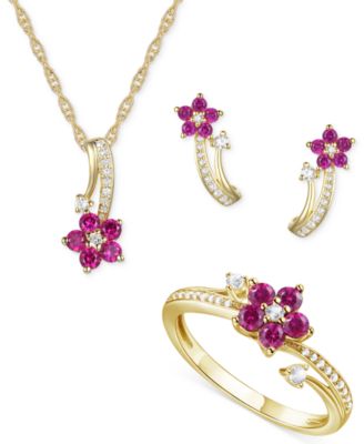 Macy's - 3-Pc. Set Amethyst (1 ct. t.w.) & Lab-Grown White Sapphire (3/8 ct. t.w.) Flower Pendant Necklace, Stud Earrings, & Ring in Sterling Silver (Also in Additional Gemstones)