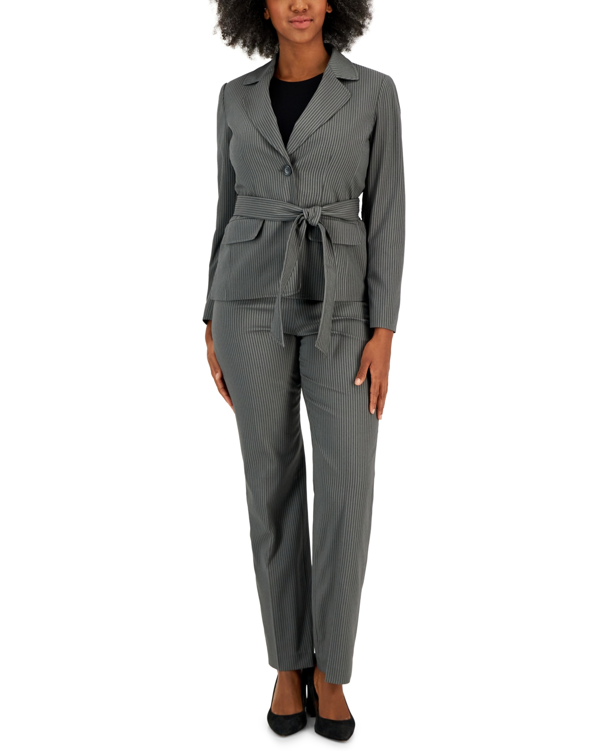Le Suit Women's Belted Pinstripe Blazer & Pants In Medium Grey
