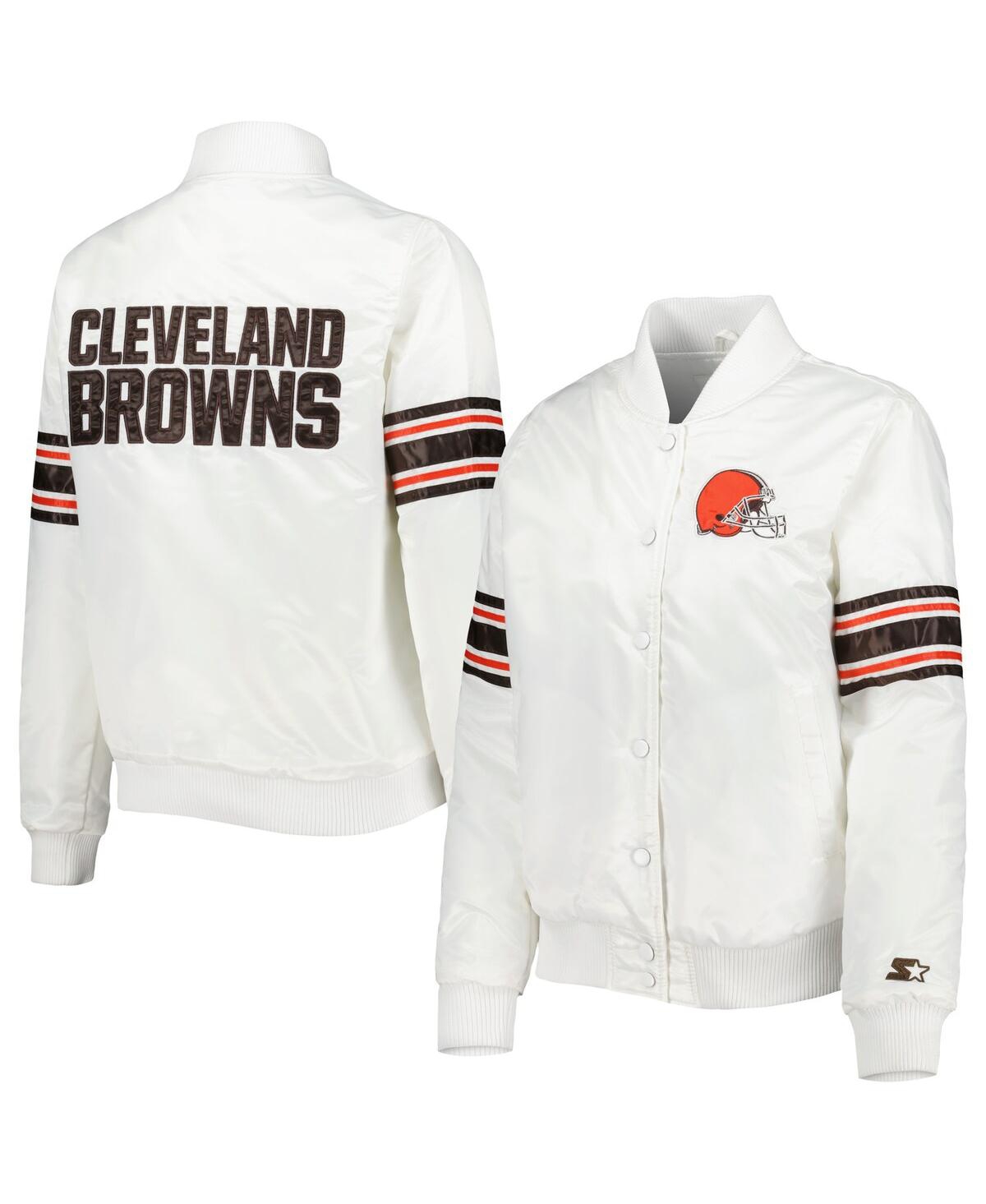 STARTER WOMEN'S STARTER WHITE CLEVELAND BROWNS LINE UP SATIN FULL-SNAP VARSITY JACKET 