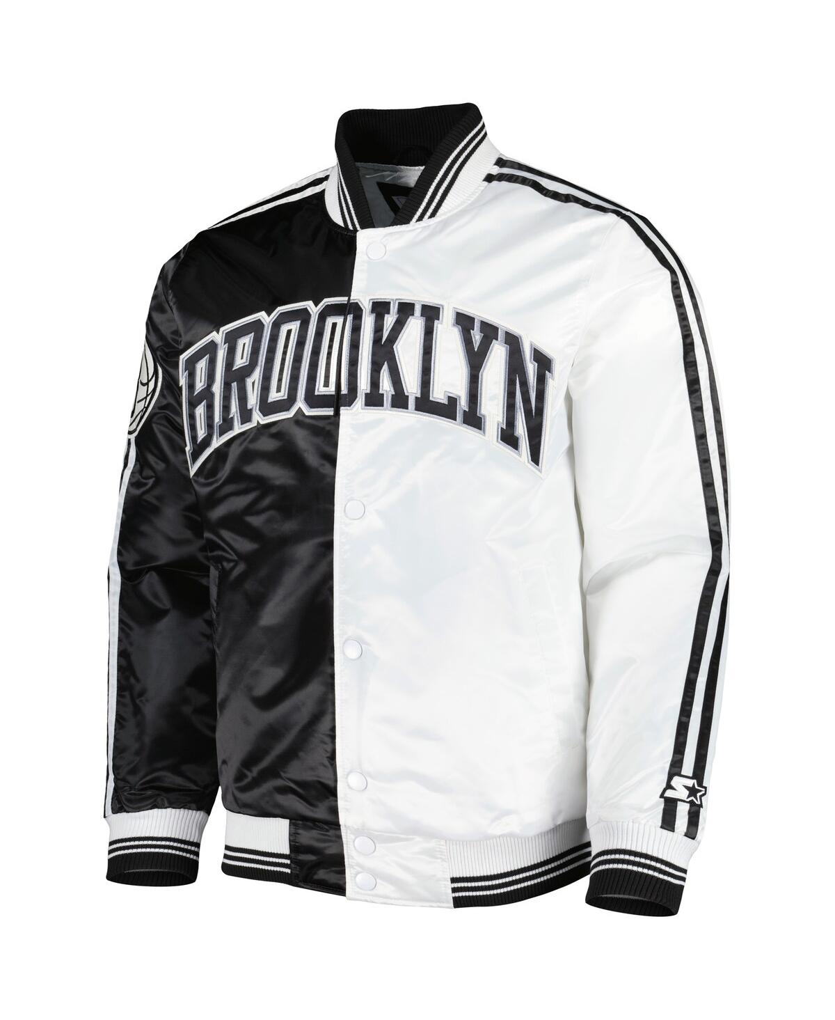 Shop Starter Men's  Black, White Brooklyn Nets Fast Break Satin Full-snap Jacket In Black,white