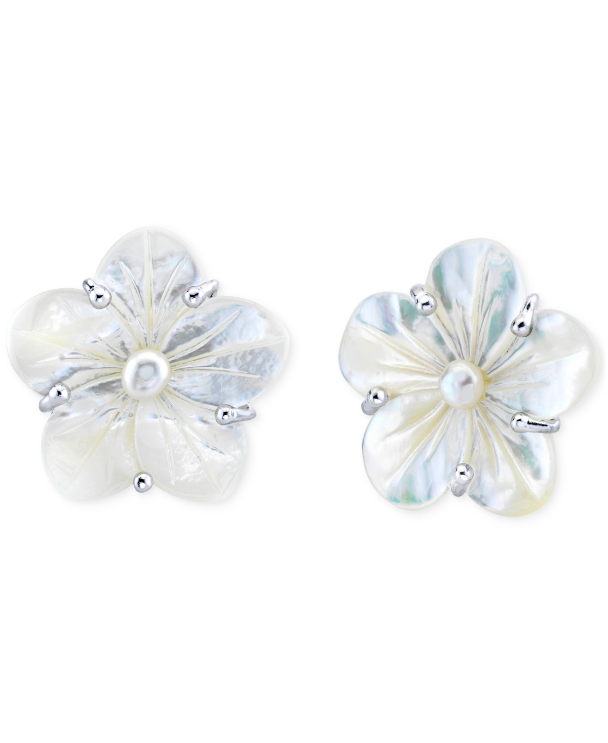 Macy's White Mother Of Pearl & Cultured Freshwater Pearl (5mm) Flower Stud Earrings In Sterling Silver