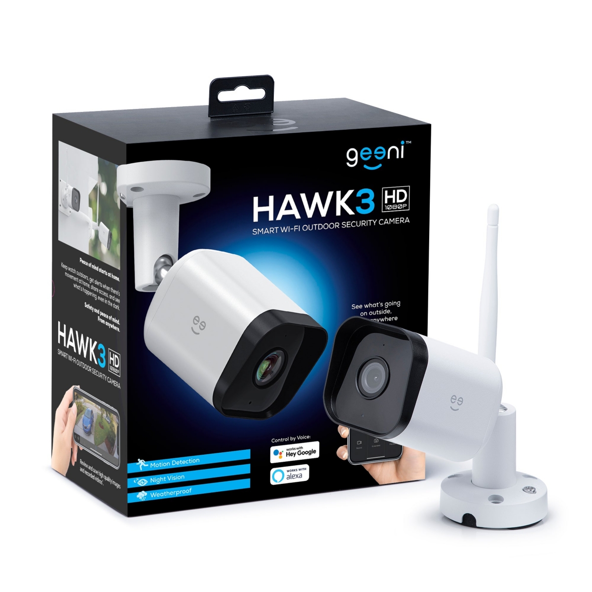 Geeni Hawk 3 Hd 1080p Outdoor Security Camera, Ip66 Weatherproof Wifi Surveillance With Night Vision And M In White