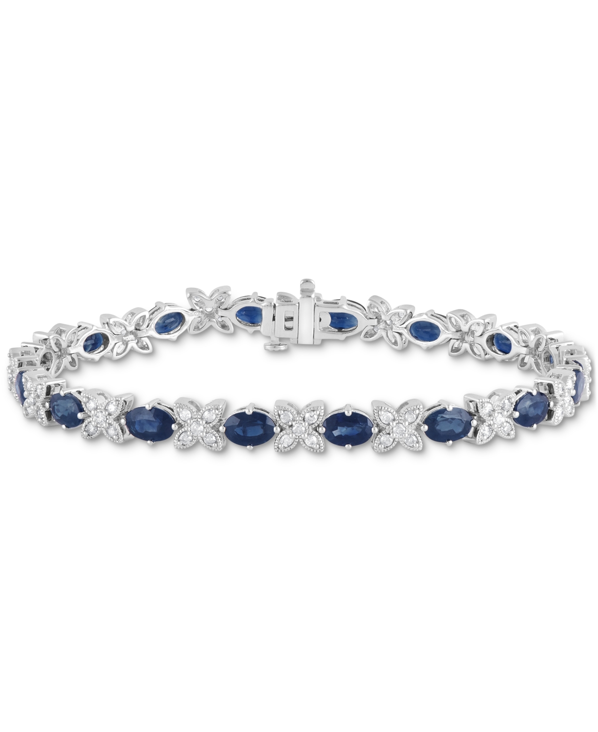 Macy's Sapphire (9-1/2 Ct. T.w.) & Diamond (1 Ct. T.w.) Oval & Flower Link Bracelet In 14k White Gold