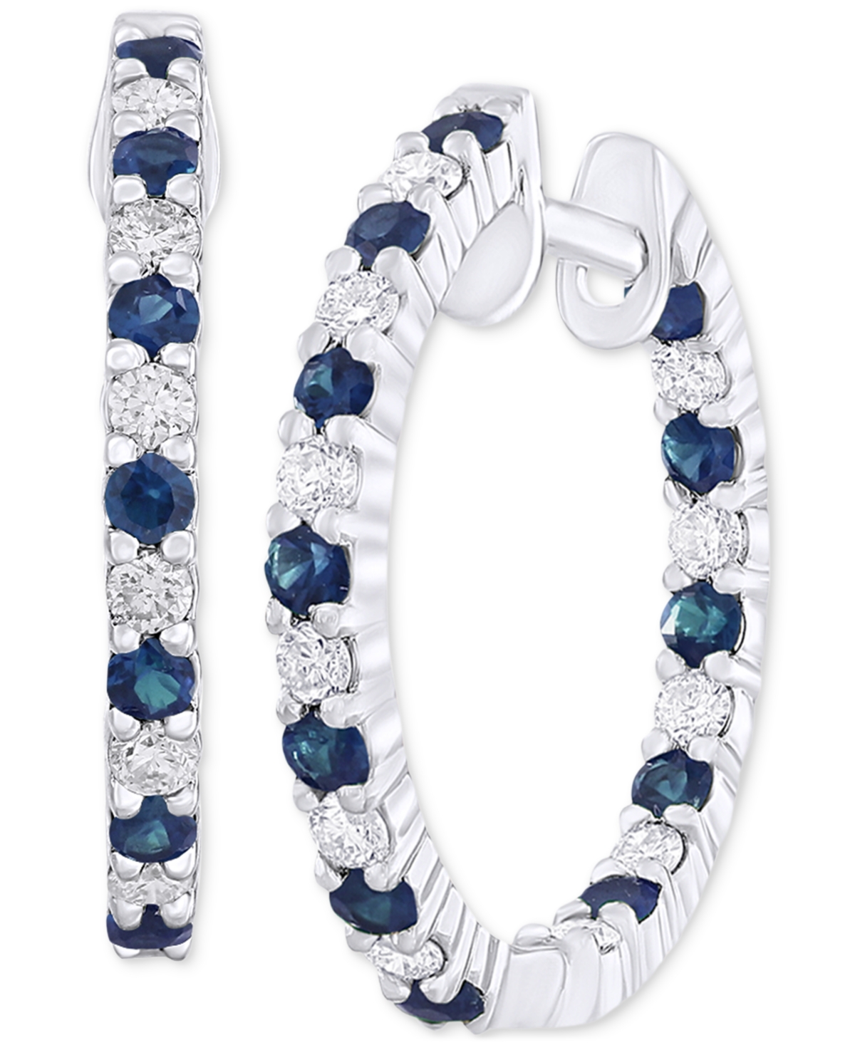 Macy's Emerald (1/2 Ct. T.w.) & Diamond (3/8 Ct. T.w.) In & Out Small Hoop Earrings In 14k White Gold, 0.75 In Sapphire