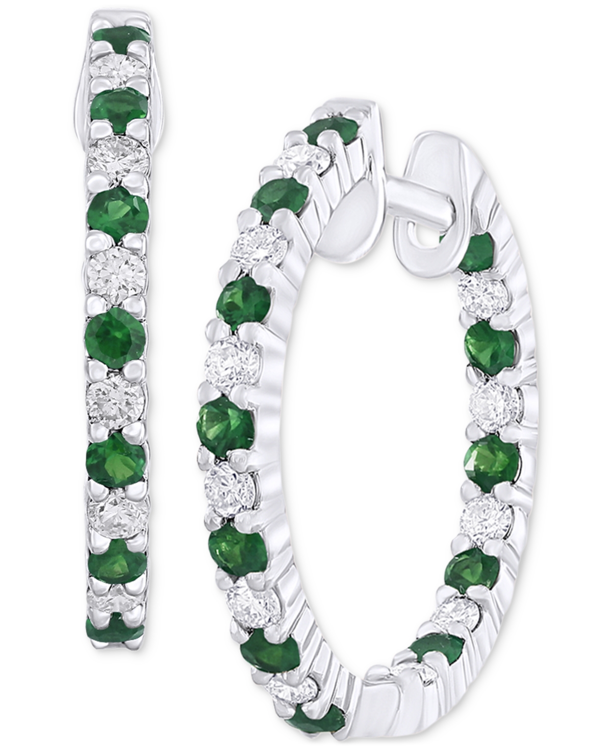 Macy's Emerald (1/2 Ct. T.w.) & Diamond (3/8 Ct. T.w.) In & Out Small Hoop Earrings In 14k White Gold, 0.75