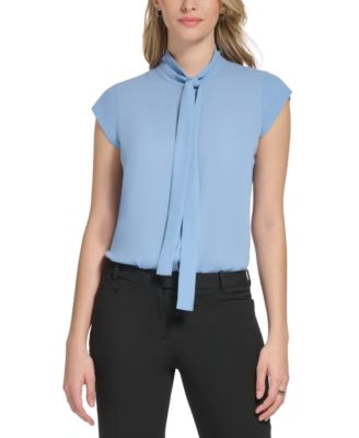 Calvin Klein - Petite Tie-Neck Button-Front Cap-Sleeve Top