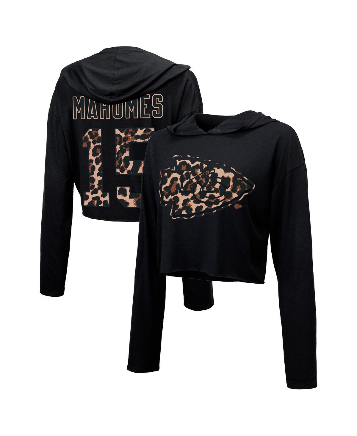 Women's Threads Patrick Mahomes Black Kansas City Chiefs Leopard Player Name and Number Long Sleeve Cropped Hoodie - Black