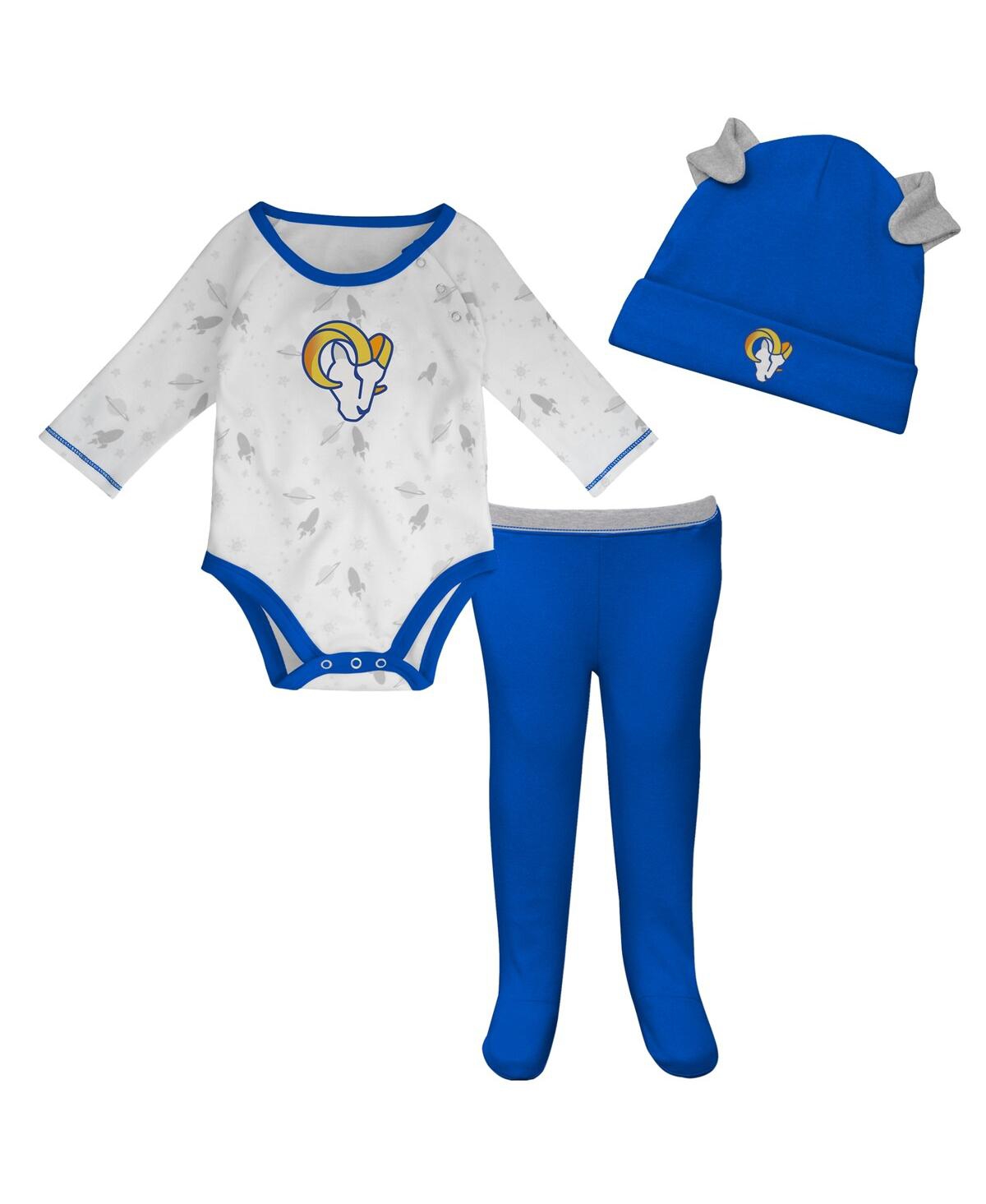 Shop Outerstuff Newborn Infant Boys And Girls White, Royal Los Angeles Rams Dream Team Onesie Pants Hat Set In White,royal